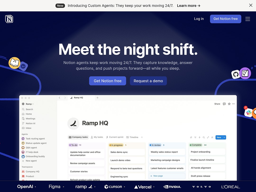 Notion homepage showcasing AI agents that work 24/7, with a Ramp HQ project board and trusted by OpenAI, Figma, Nvidia