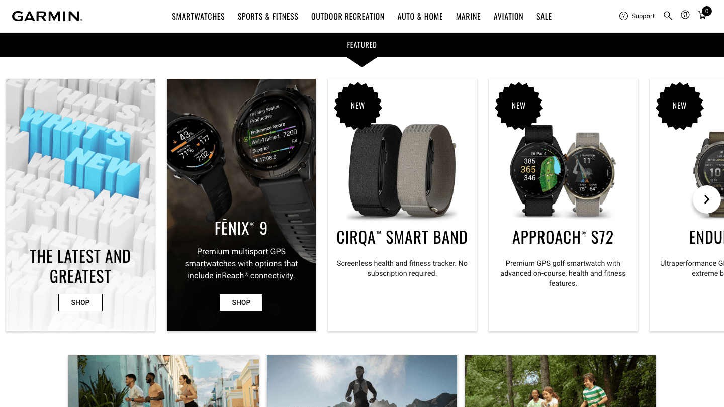 Garmin homepage showing the latest smartwatches and fitness trackers