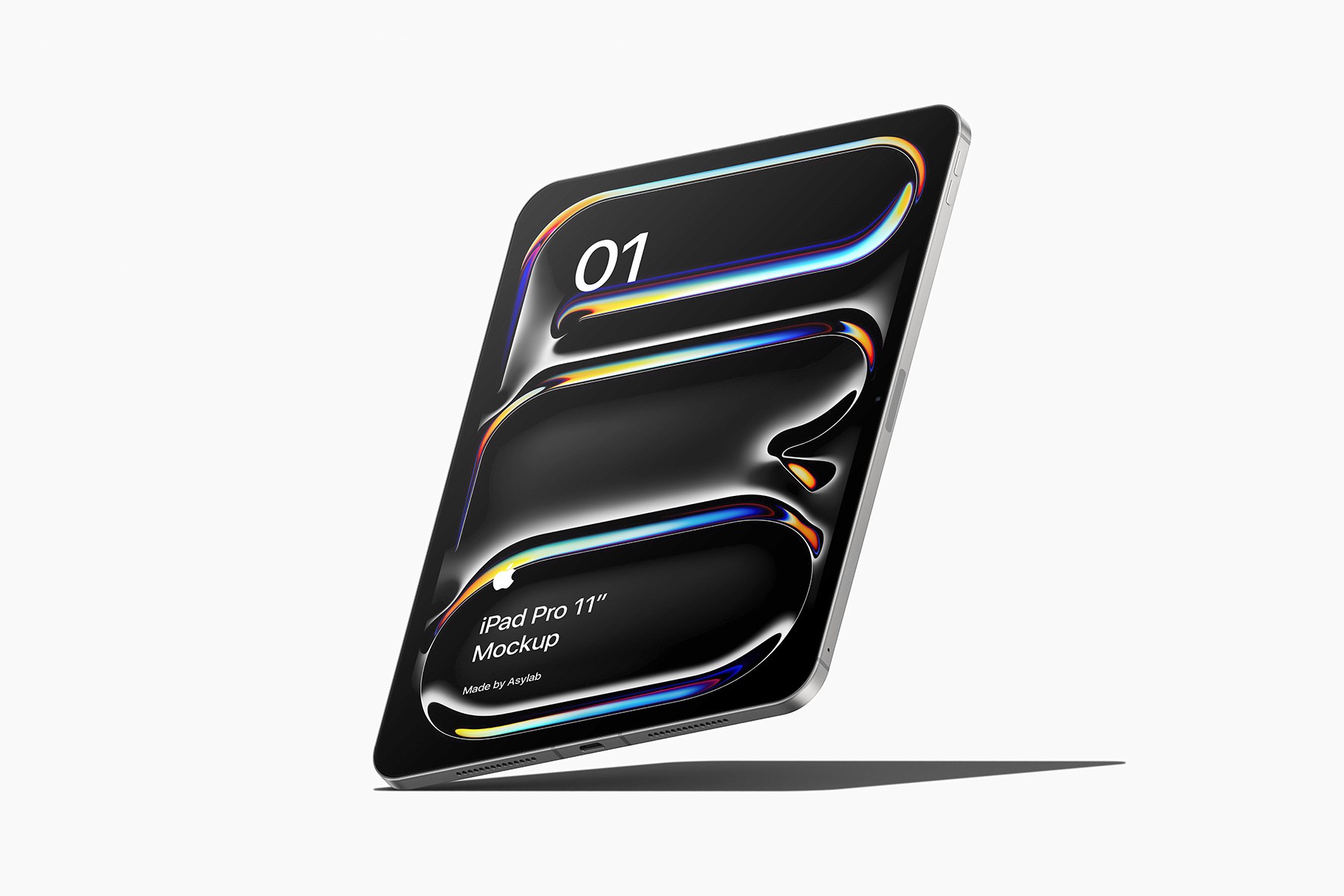 Angled floating iPad Pro 11 mockup in space black, showcasing realistic shadows and reflections.