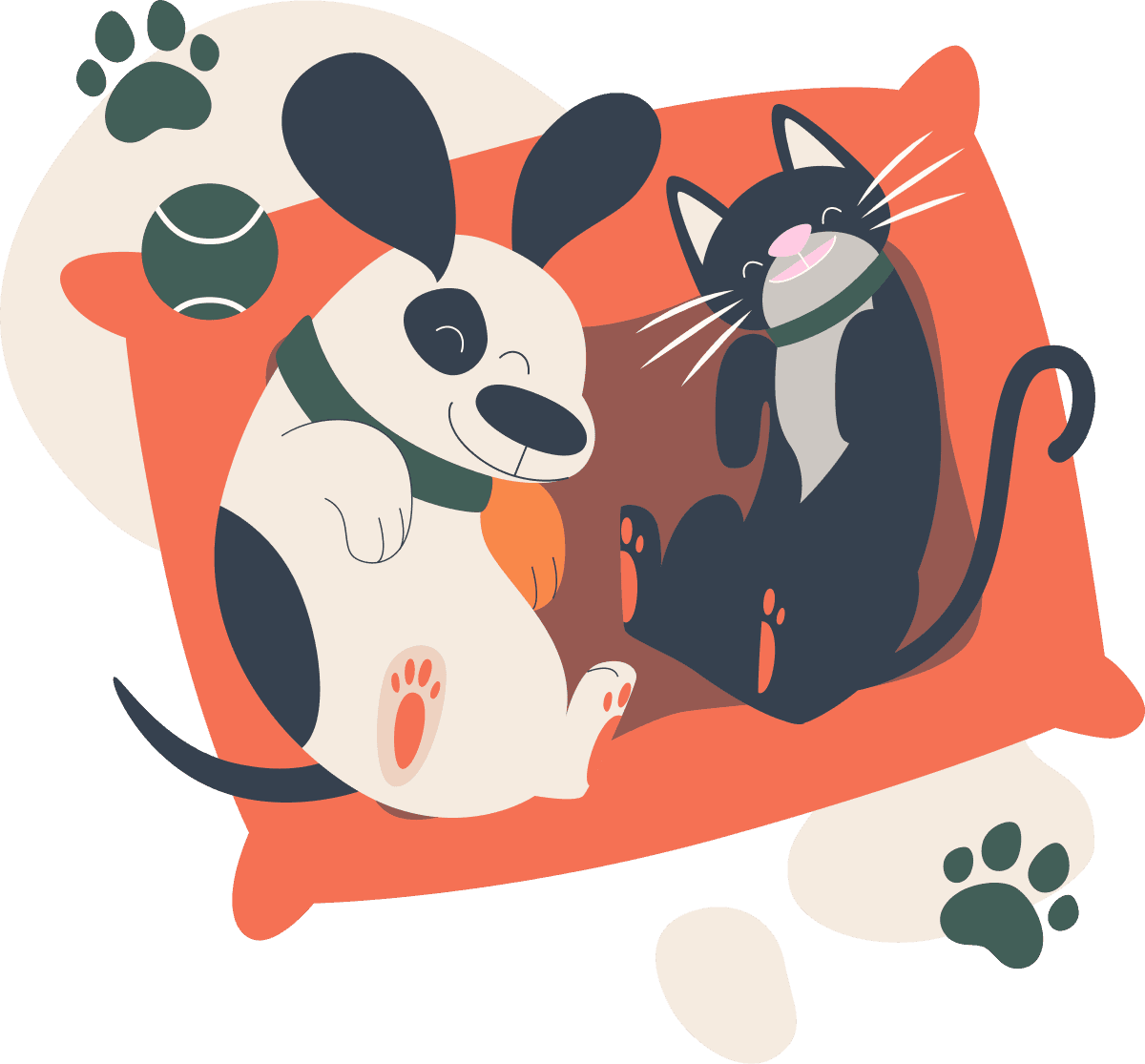 Colorful illustration of diverse pets including dogs and cats with paw prints, representing Buddy's community-focused approach to pet safety and well-being technology