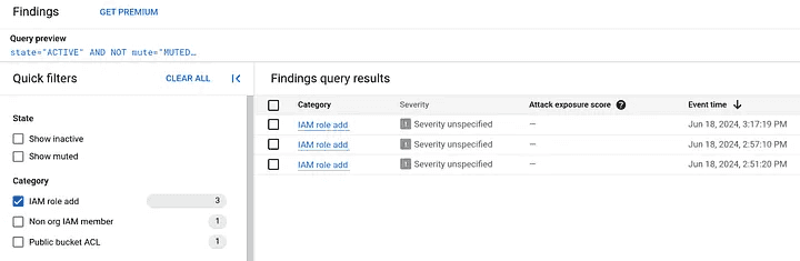 Screenshot of the "Findings" section in Google Cloud Security Command Center. It shows a query result for active, non-muted findings related to "IAM role add." The results include categories, unspecified severity, and event times. Quick filters on the left allow filtering by state and category, such as non-org IAM members and public bucket ACLs.