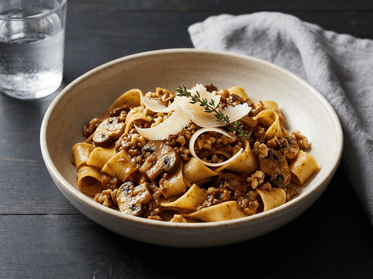 Mushroom and walnut bolognese over pappardelle pasta with shaved parmesan