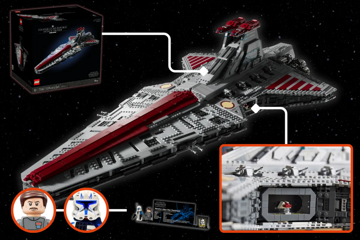 The LEGO Star Wars UCS Venator-Class Republic Attack Cruiser set, featuring a detailed build, box art, exclusive minifigures of Captain Rex and Admiral Yularen, and a close-up of the ship’s intricate design elements.