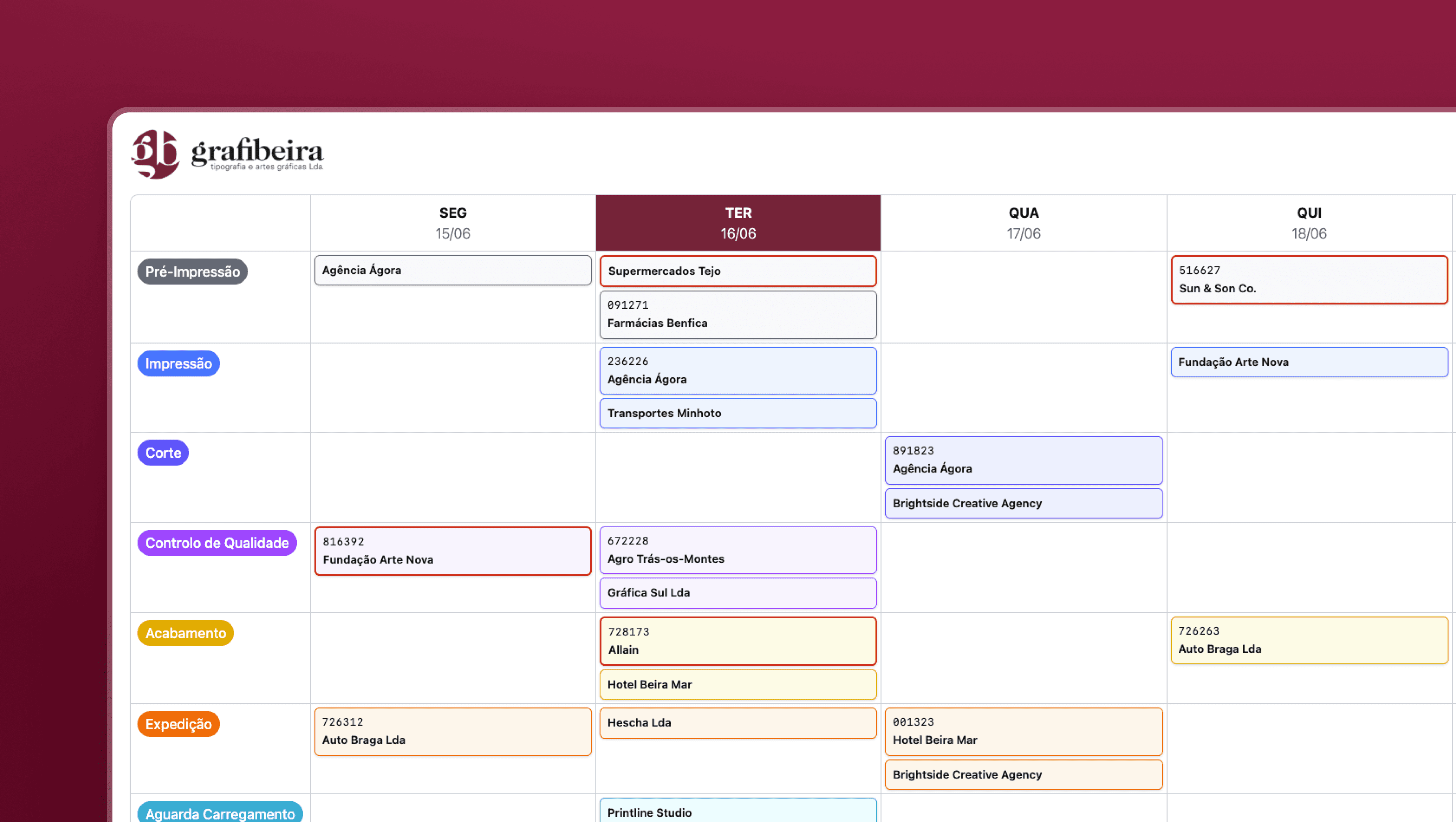 Calendar view with printing projects from Grafibeira on top of a red gradient background
