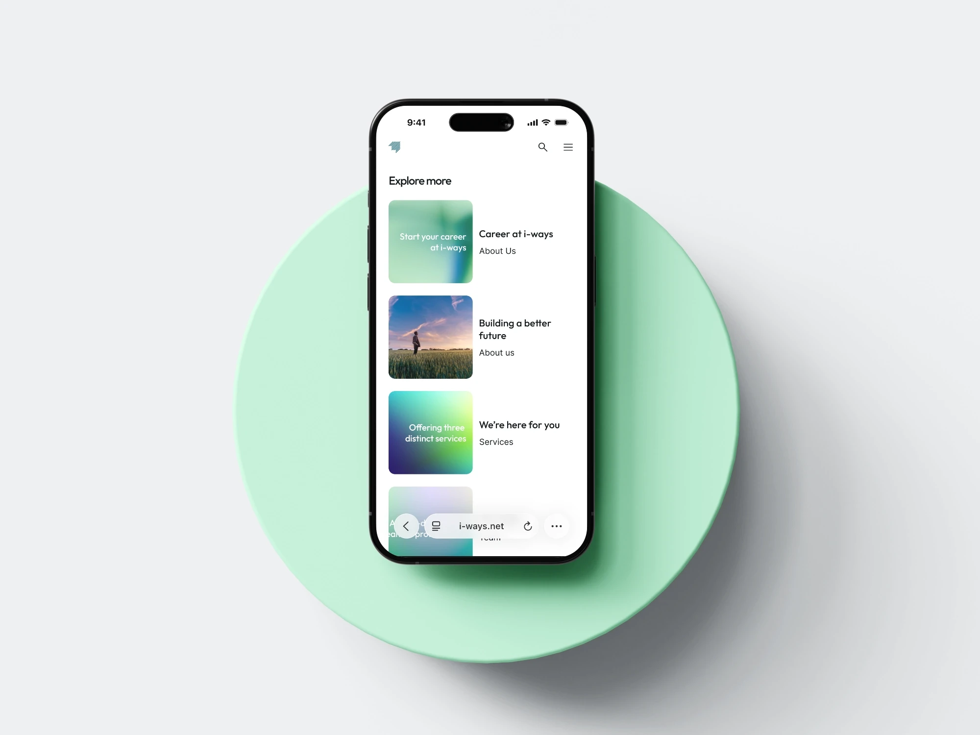 Ein Teil der i-ways Startseite, angezeigt auf einem Iphone.