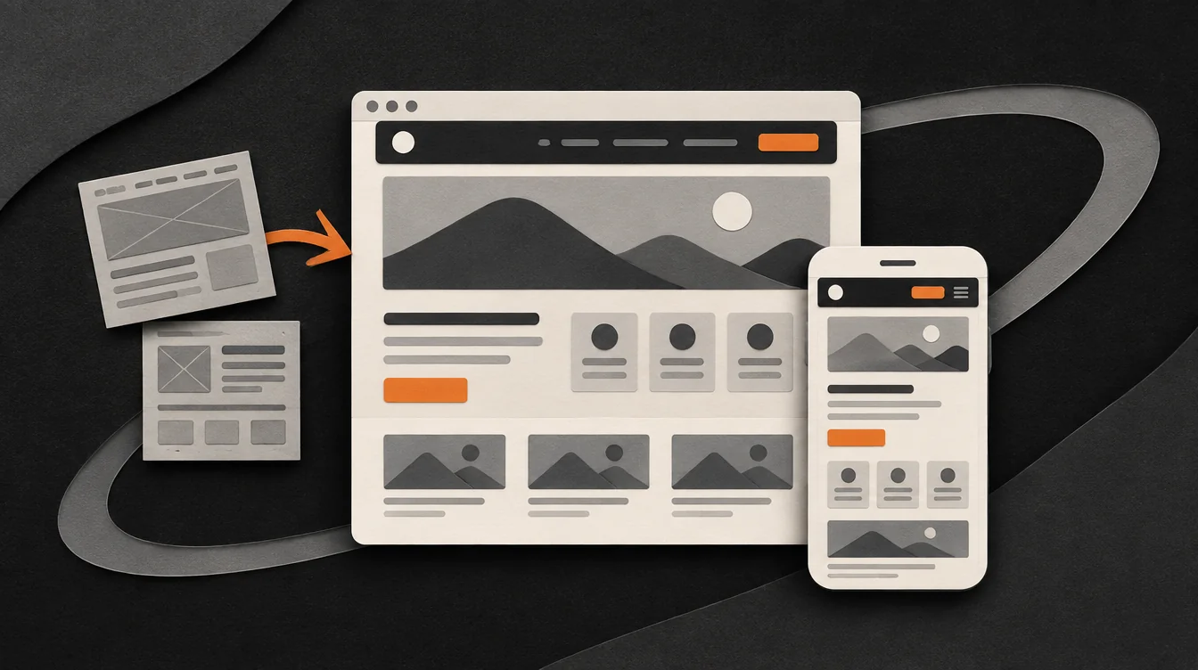 Paper-cut illustration of wireframes becoming a redesigned desktop and mobile website, with orange buttons on a charcoal background.