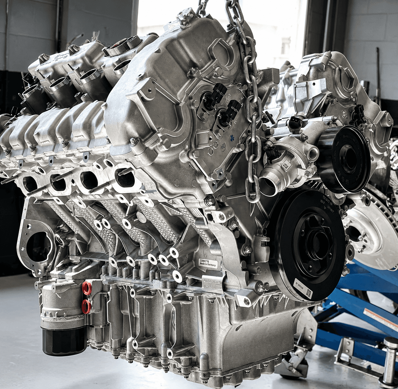 Rebuilt V engine ready for installation