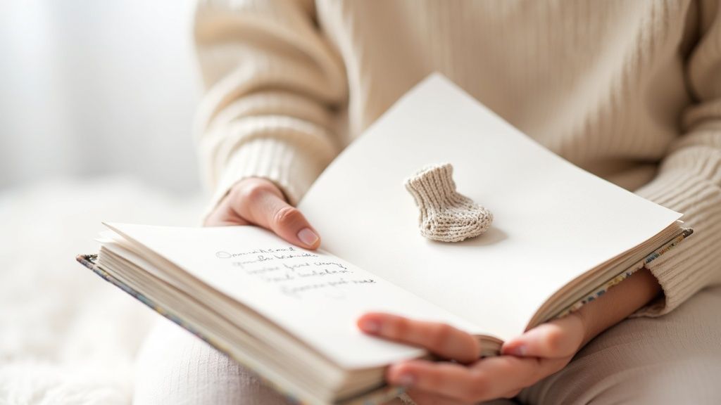 Person holds an open baby memory book with a tiny knitted sock and handwritten notes.