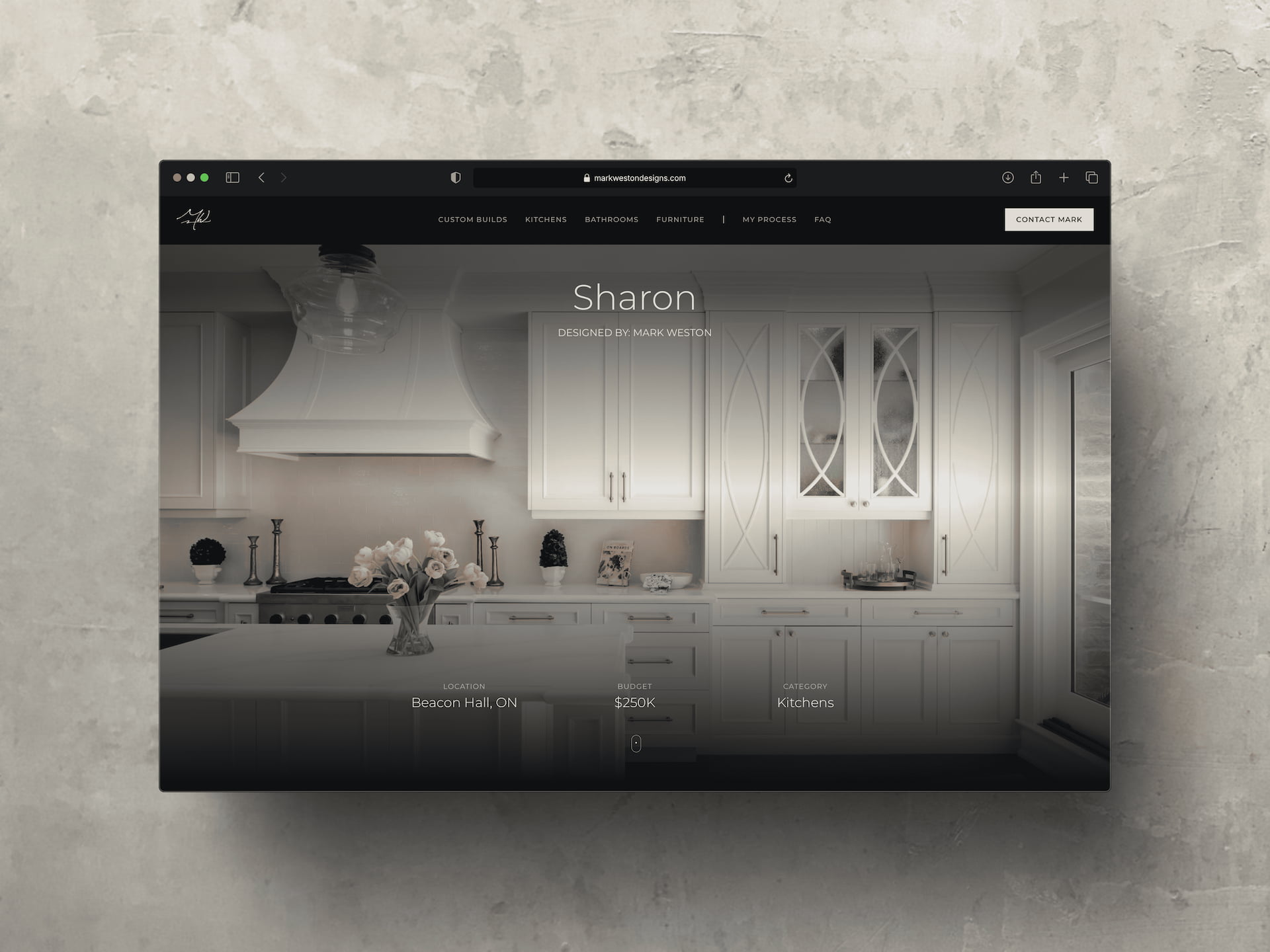 Sharon luxury kitchen project page - $250K custom kitchen design in Beacon Hall Ontario featuring white cabinetry with decorative glass doors