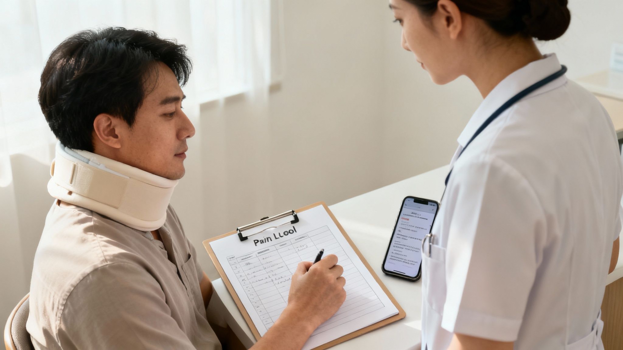Man in a neck brace filling out a medical form with a doctor or nurse.