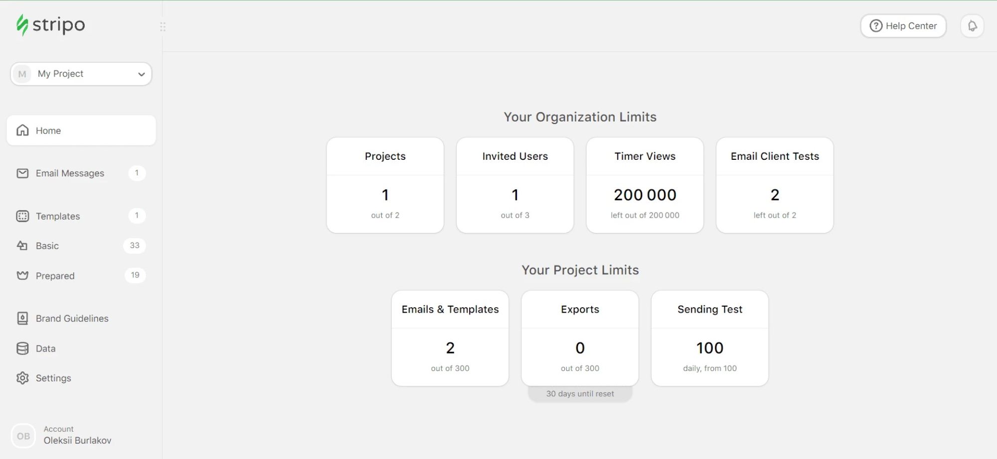  "Screenshot of the Stripo dashboard showing project limits, organization settings, and options for email messages, templates, and brand guidelines."