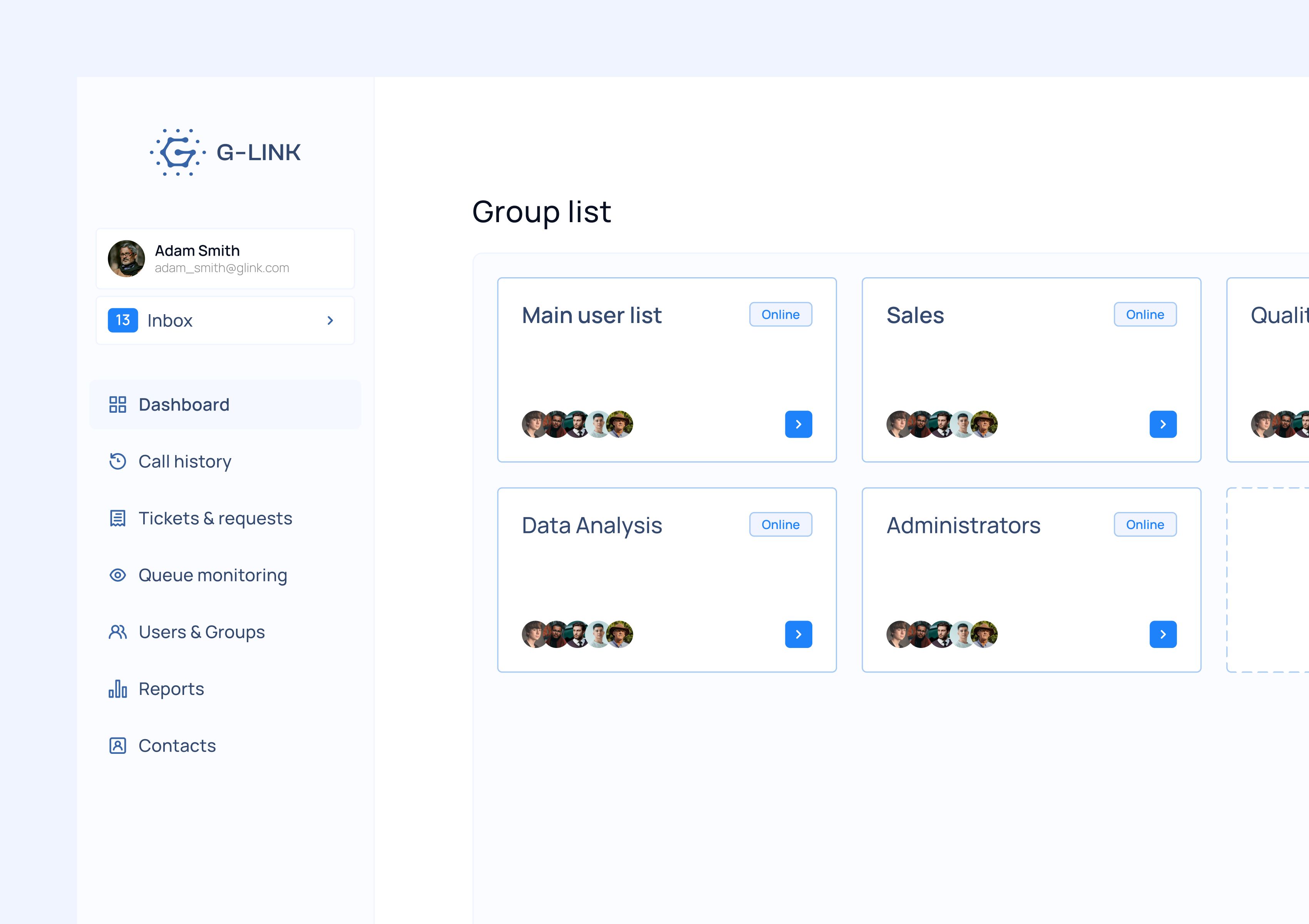 G-link user and group management screen showing group cards, online statuses, and navigation elements.