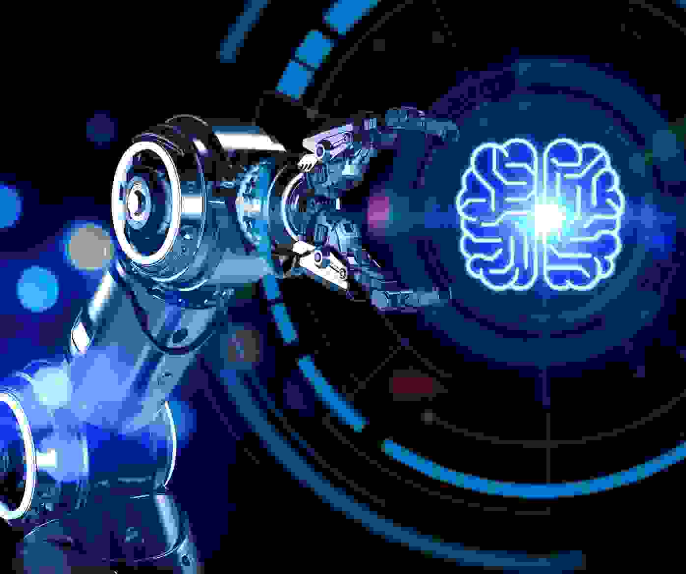 Robotic arm interacting with a digital AI brain interface representing AI-driven automation and intelligent technology