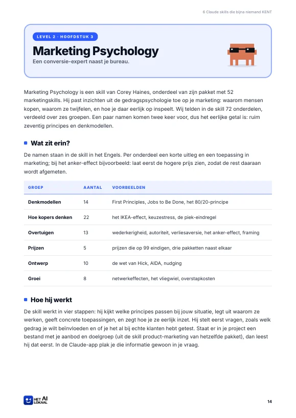Pagina uit de gids over de skill Marketing Psychology, met een krabbetje met zonnebril en een tabel met zes groepen principes en voorbeelden