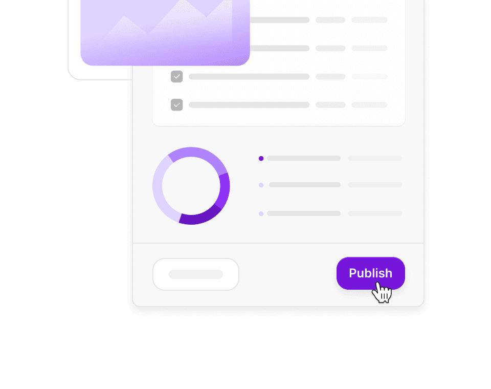 Dashboard with tables, bar charts, progress indicators, and "Publish" button.