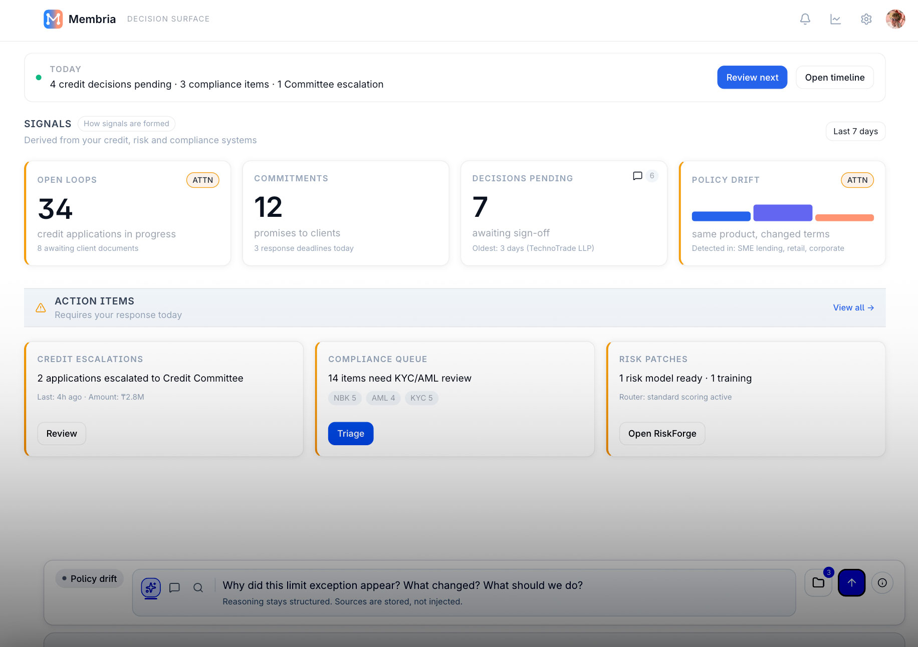 A mockup of Membria's Team Decision Capture