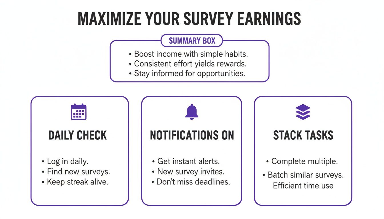 An infographic showing tips to maximize survey earnings with daily checks, notifications, and task stacking.