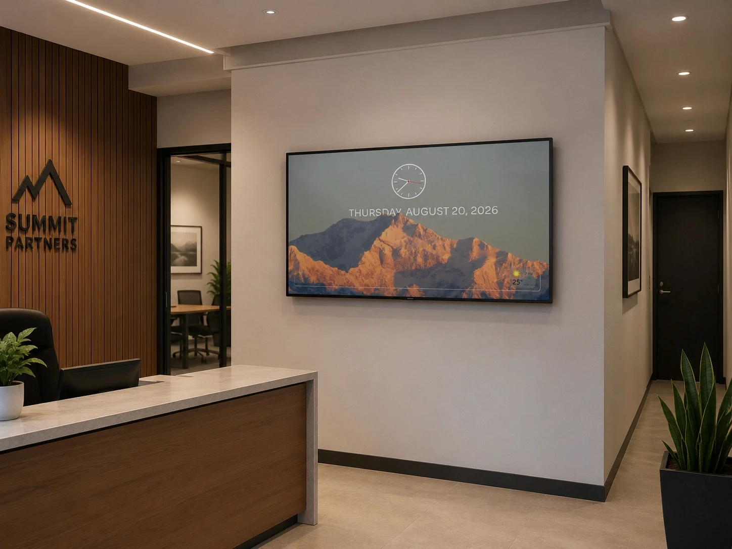 Information display in a modern office reception showing real-time date, time and weather information for employees and visitors.