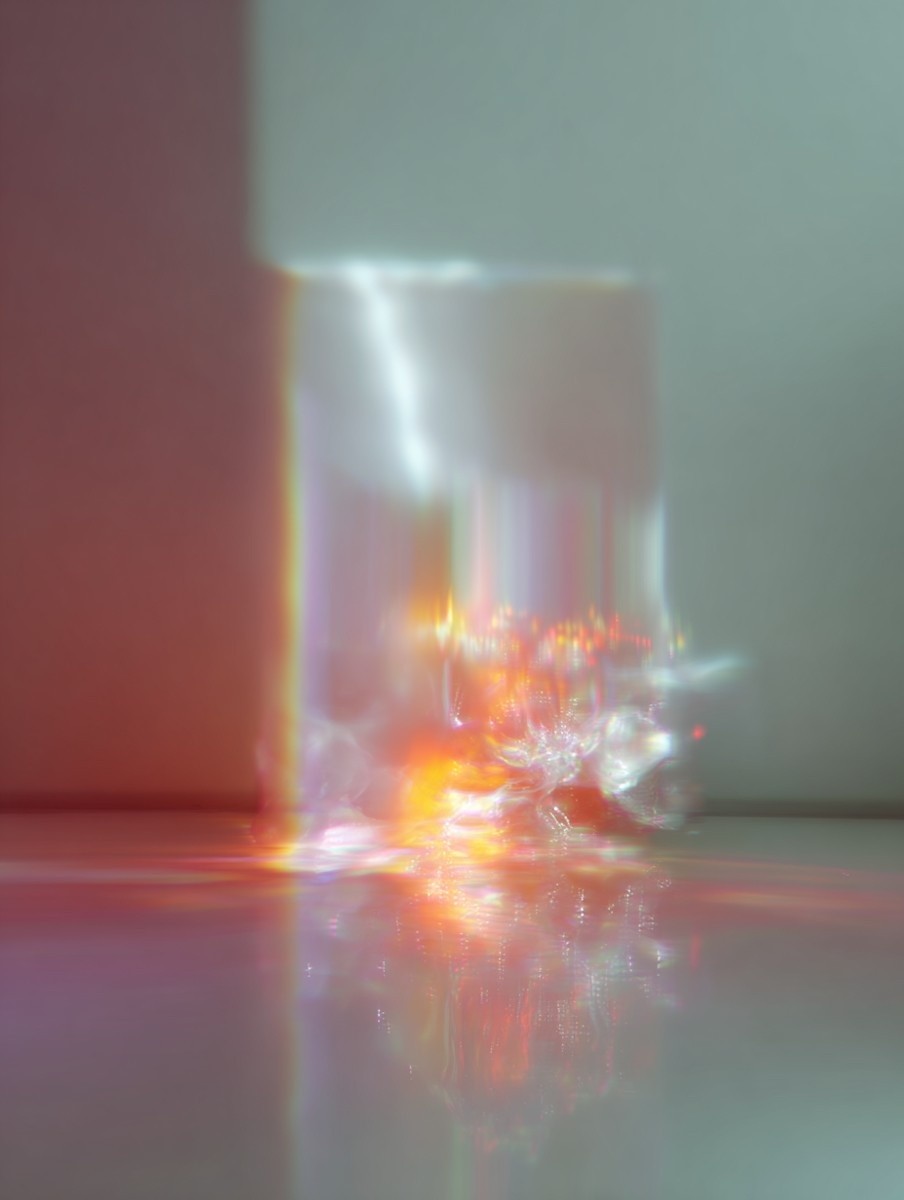 A translucent glass filled with water sits on a reflective surface, casting colorful, prismatic reflections of pink, orange, and purple hues against a plain white background.