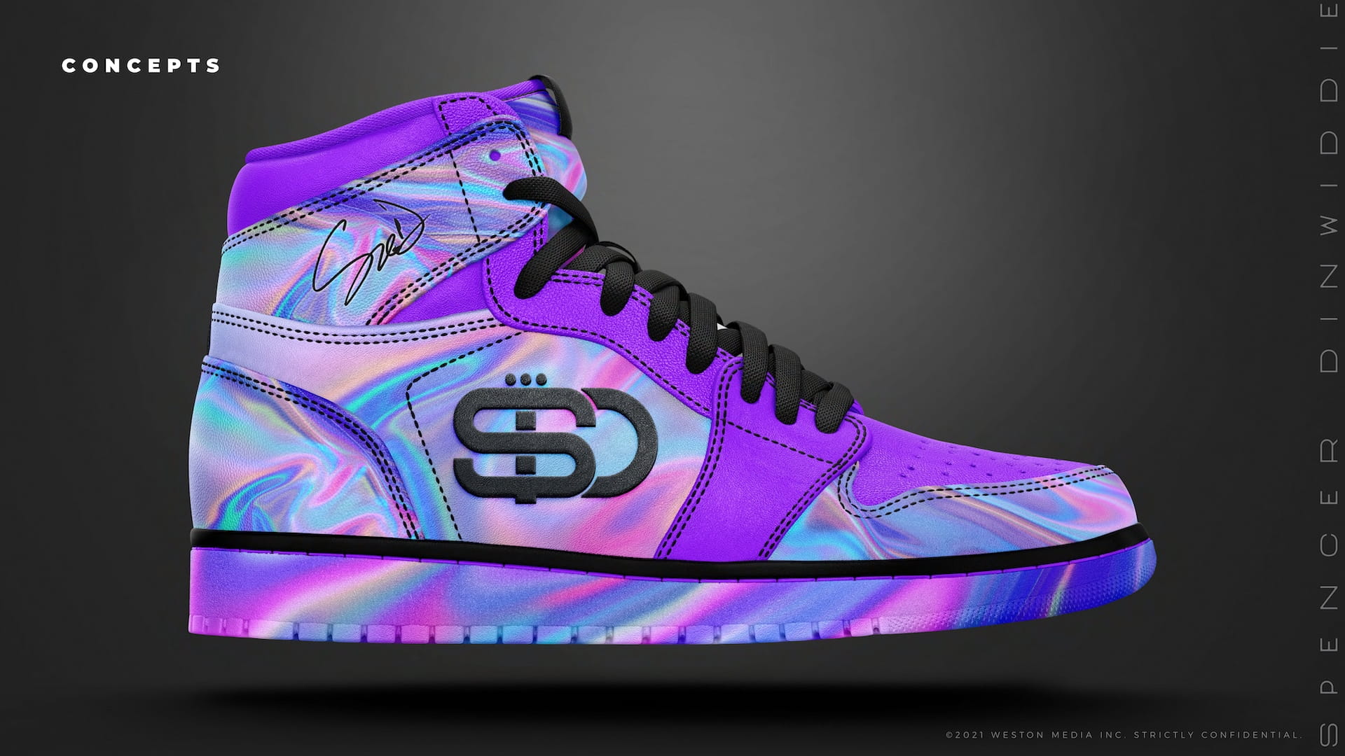 SD.26 full holographic iridescent sneaker concept with SD logo for Spencer Dinwiddie limited edition footwear collection