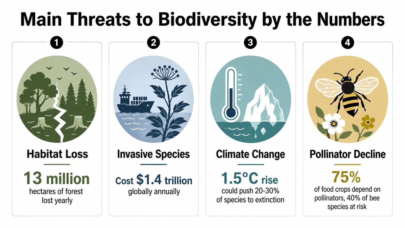 An infographic detailing four major global threats to biodiversity, including habitat loss, invasive species, climate change, and pollinator decline.