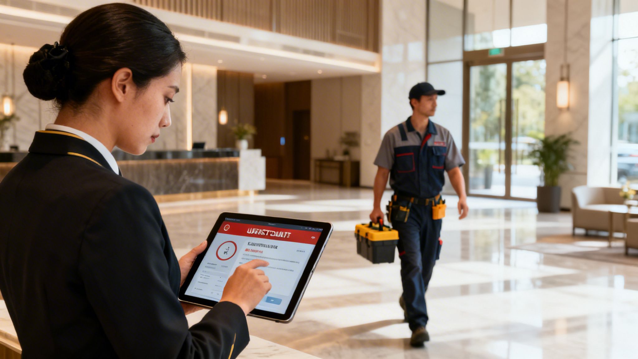 A woman uses a tablet with smart building software in a hotel lobby, as a technician walks by.