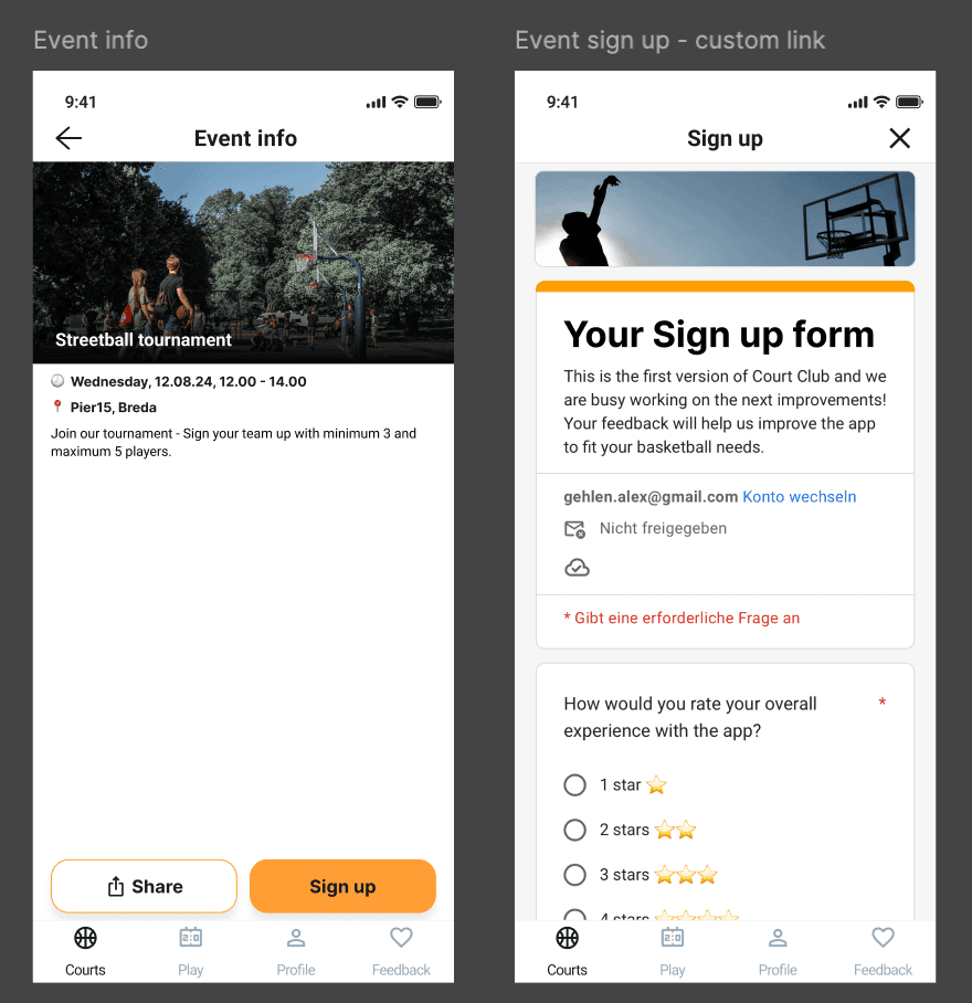A Google Form sign-up loading inside the Court Club app