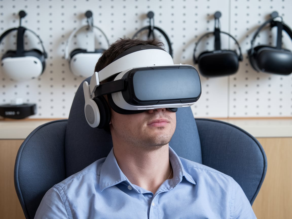 A man is watching VR videos with a VR headset.