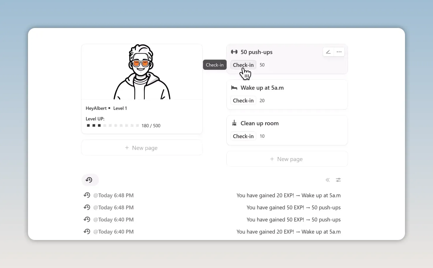 Notion dashboard with a character card, quest check-in cards, and activity list