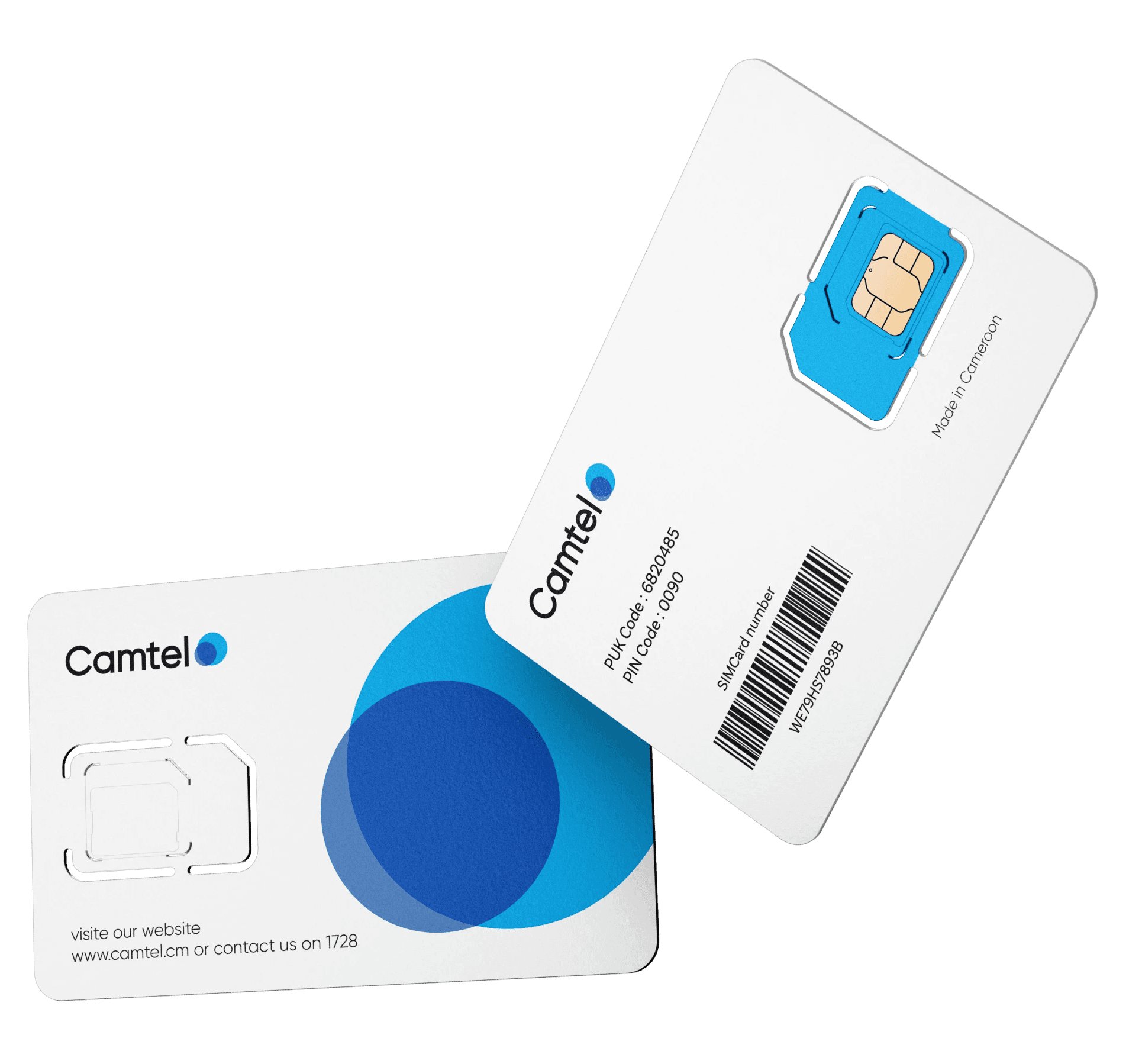 Custom SIM card packaging and branding for a telecom company named ‘Camtel’, showcasing clean blue and white branding elements.