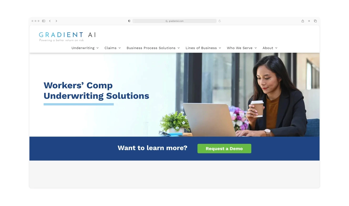 Gradient AI page highlighting workers' compensation underwriting with a professional woman using a laptop.