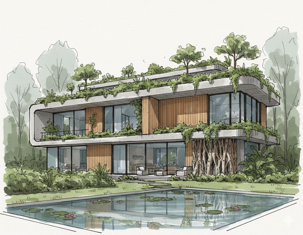 Illustration style house in the forest