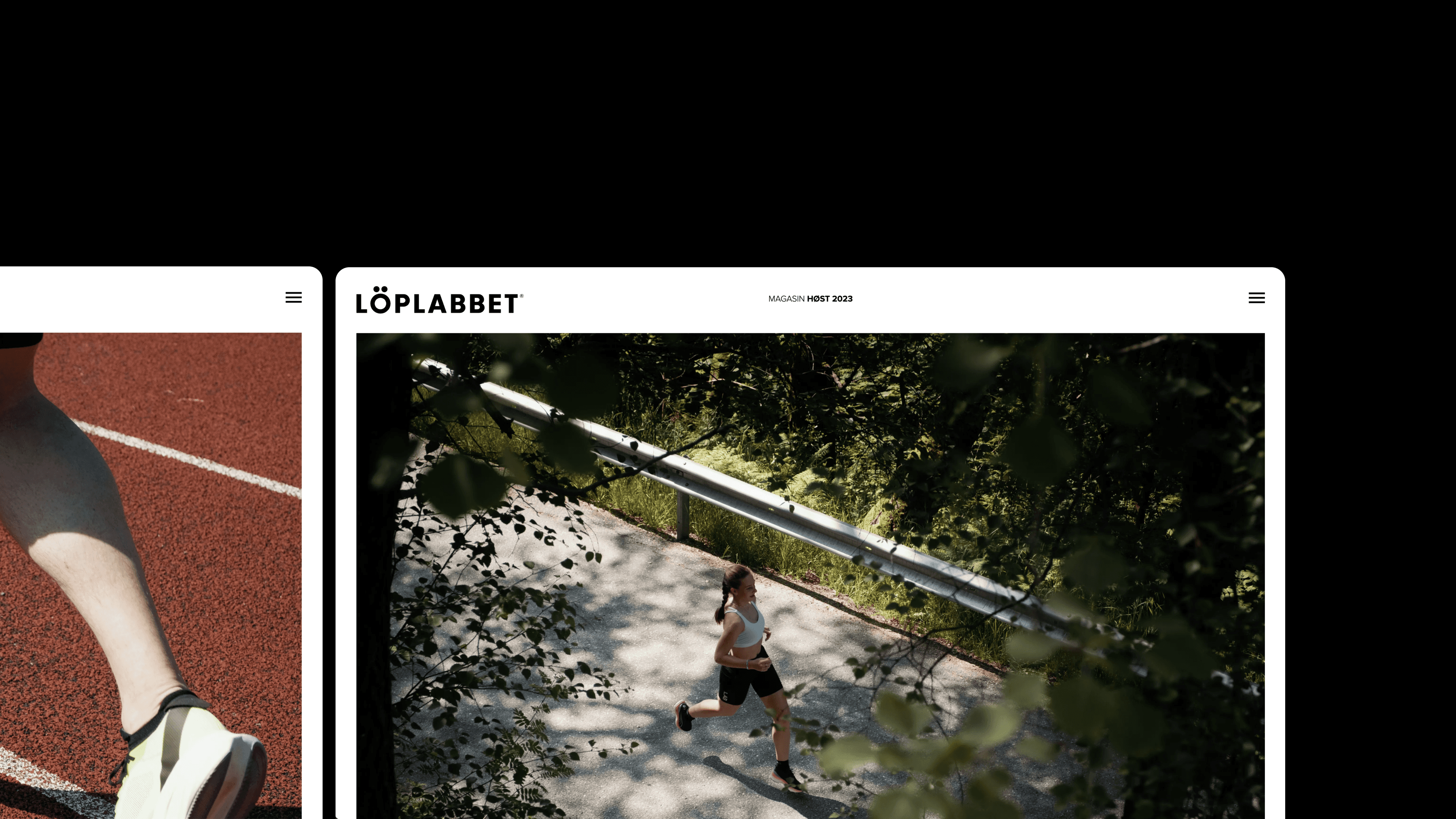 One and part of another screen showing the digital magazine of Löplabbets desktop version. On a black background.