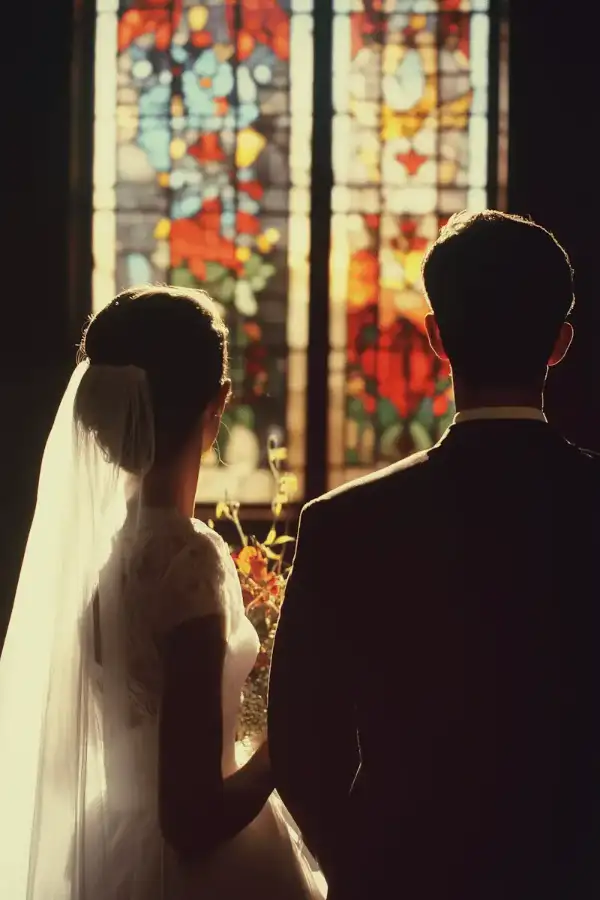 Rear view of a bride and groom looking at a vibrant stained glass window in a dark church