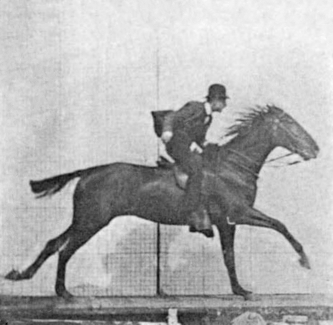 A vintage black-and-white photograph captures a man in a top hat riding a galloping horse, showcasing Eadweard Muybridge's groundbreaking work in motion photography.