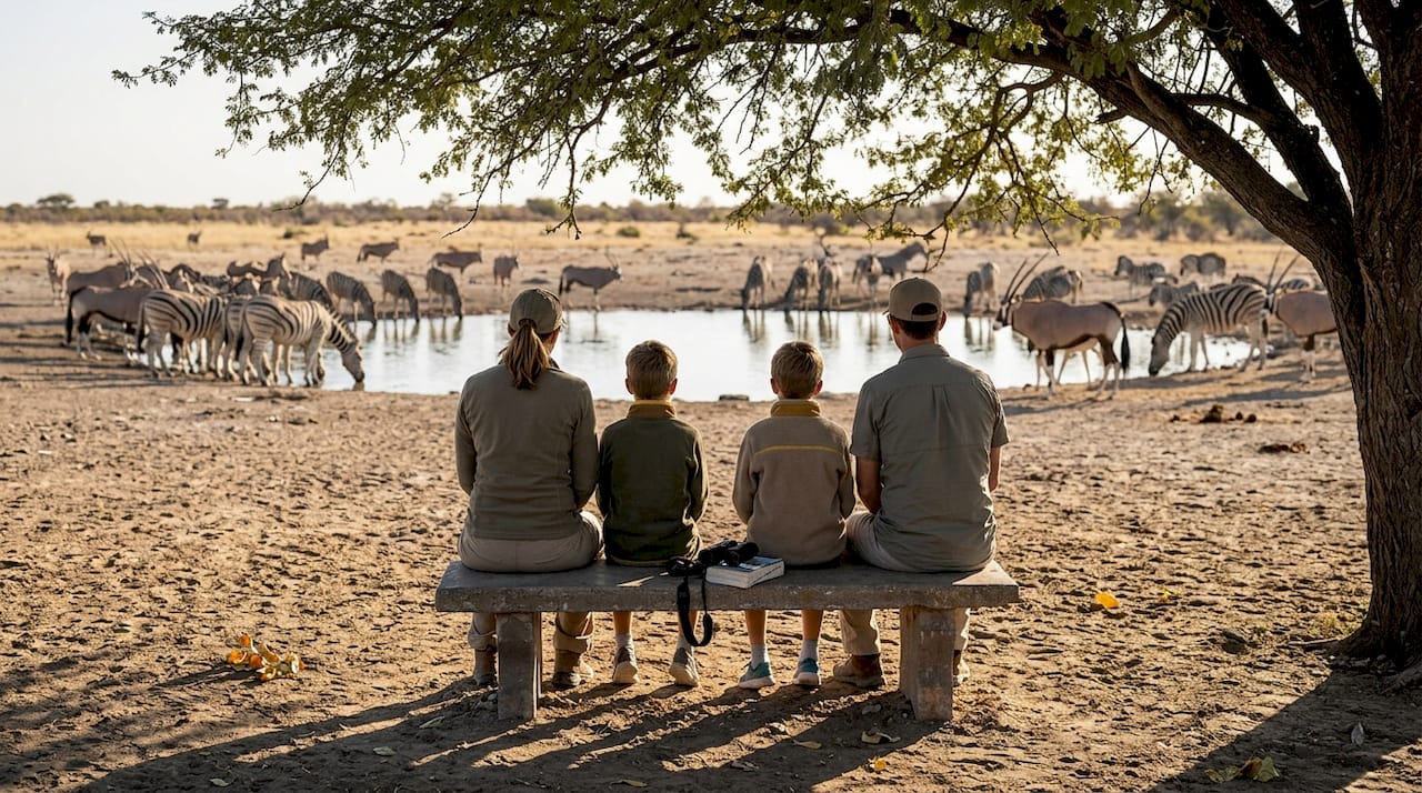 Family watching wildlife at Etosha waterhole