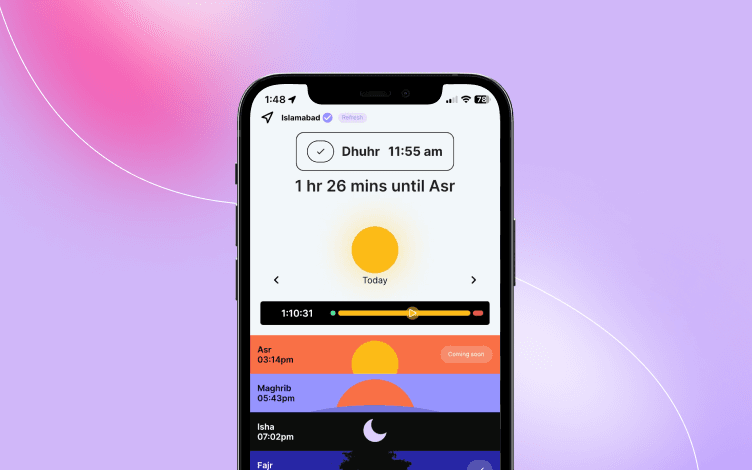 Prayerly App - Countdown Timer: Encourages timely salah (prayer) observance by providing a visual countdown, emphasizing the importance of promptly performing prayers.