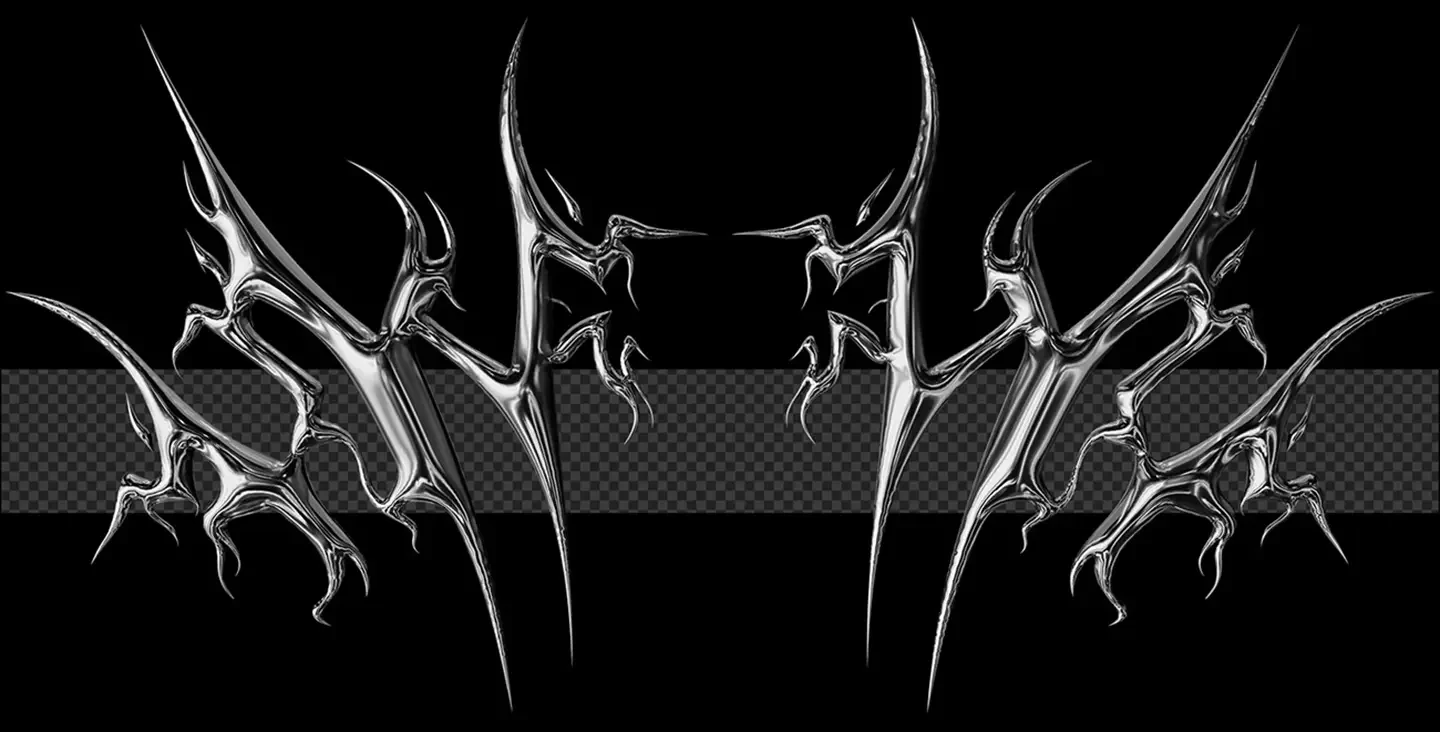 Tribalism vector shape chrome render with sharp neo tribal metallic spikes