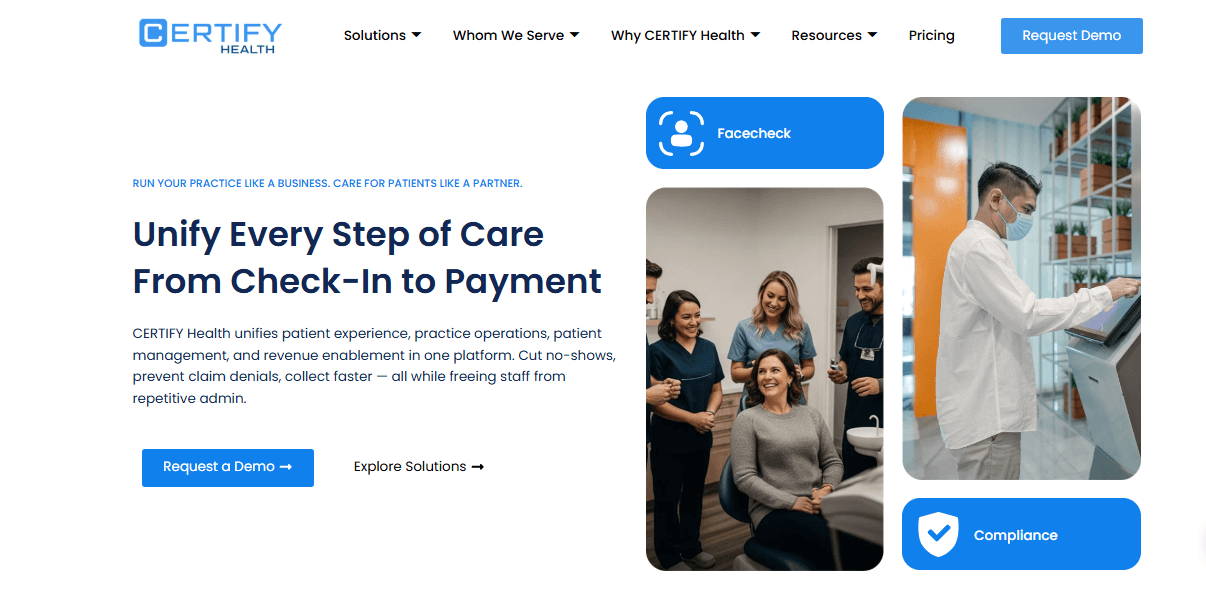 Homepage screenshot of CERTIFY Health showcasing the hero section and navigation bar