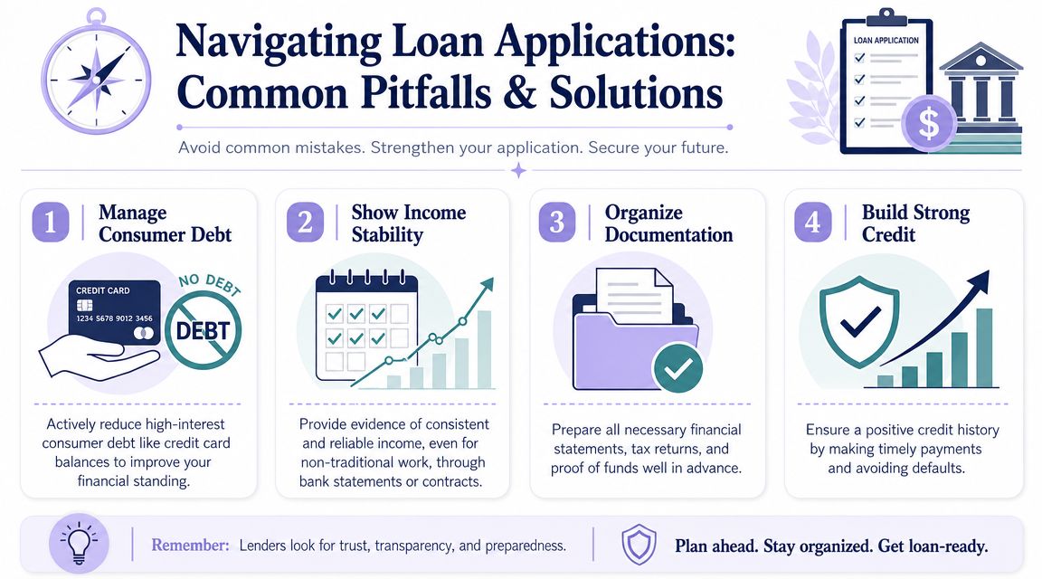 An infographic titled Navigating Loan Applications with four numbered tips to help individuals prepare for financing.