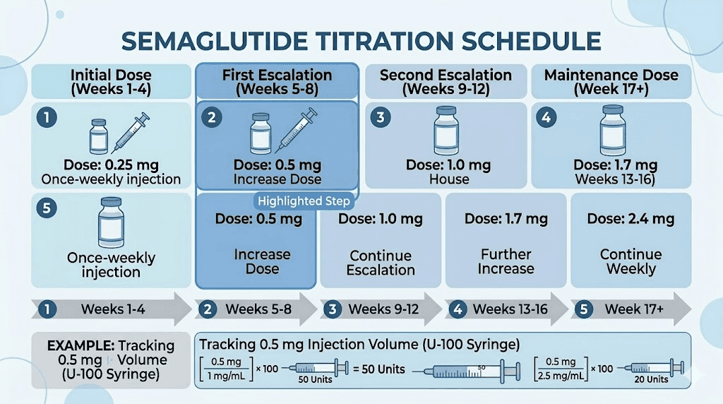Semaglutide dose titration schedule highlighting the 0.5 mg step