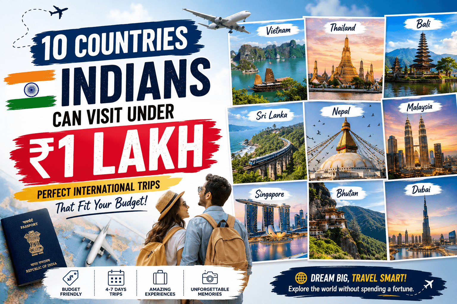 10 countries Indians can visit under ₹1 lakh including Vietnam, Thailand, Bali, Sri Lanka, Nepal, Malaysia, Singapore, Bhutan, and Dubai with budget-friendly international travel ideas and trip durations.