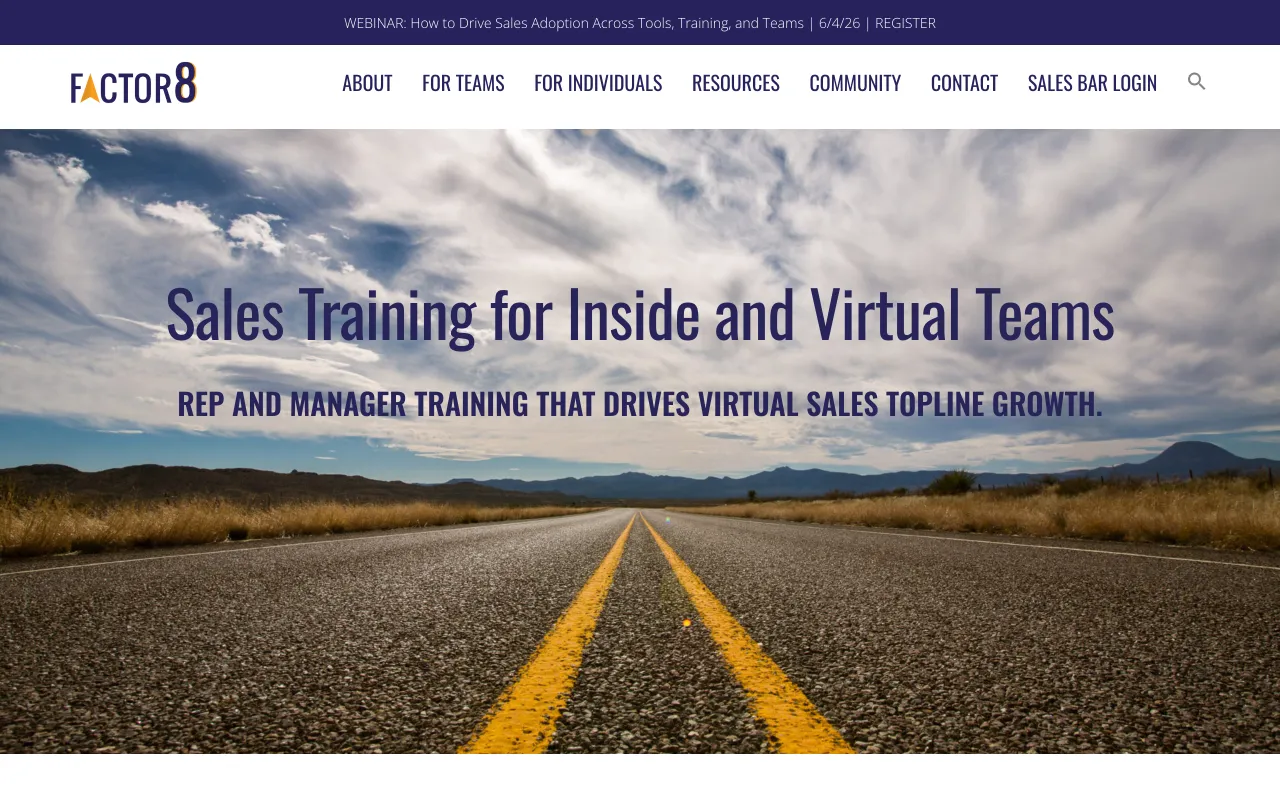 Factor 8 homepage, sales training for inside and virtual teams