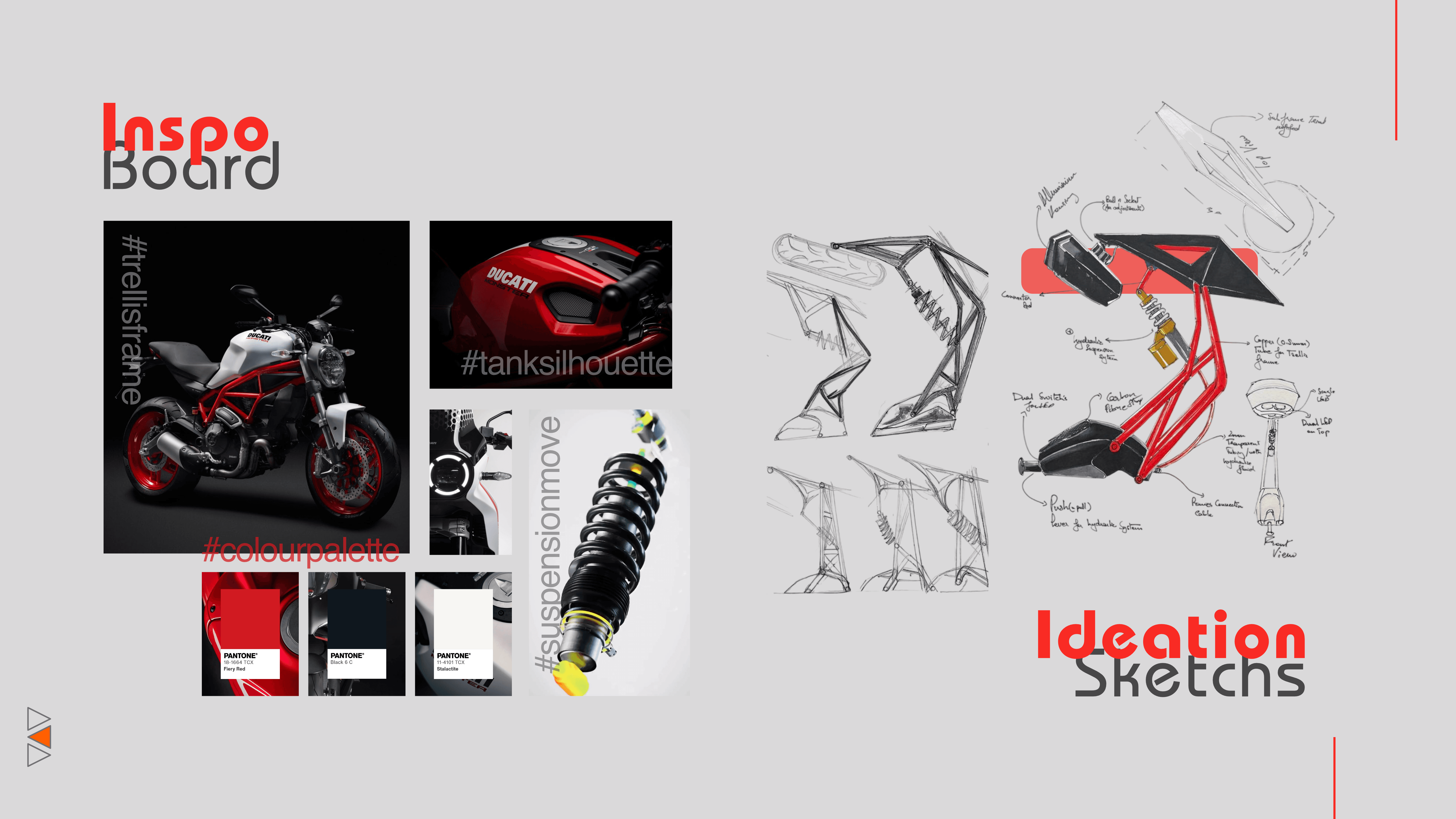 Translating the structural DNA of trellis frames and tank silhouettes into a technical visual language through iterative sketching and exploration of suspension-inspired form.