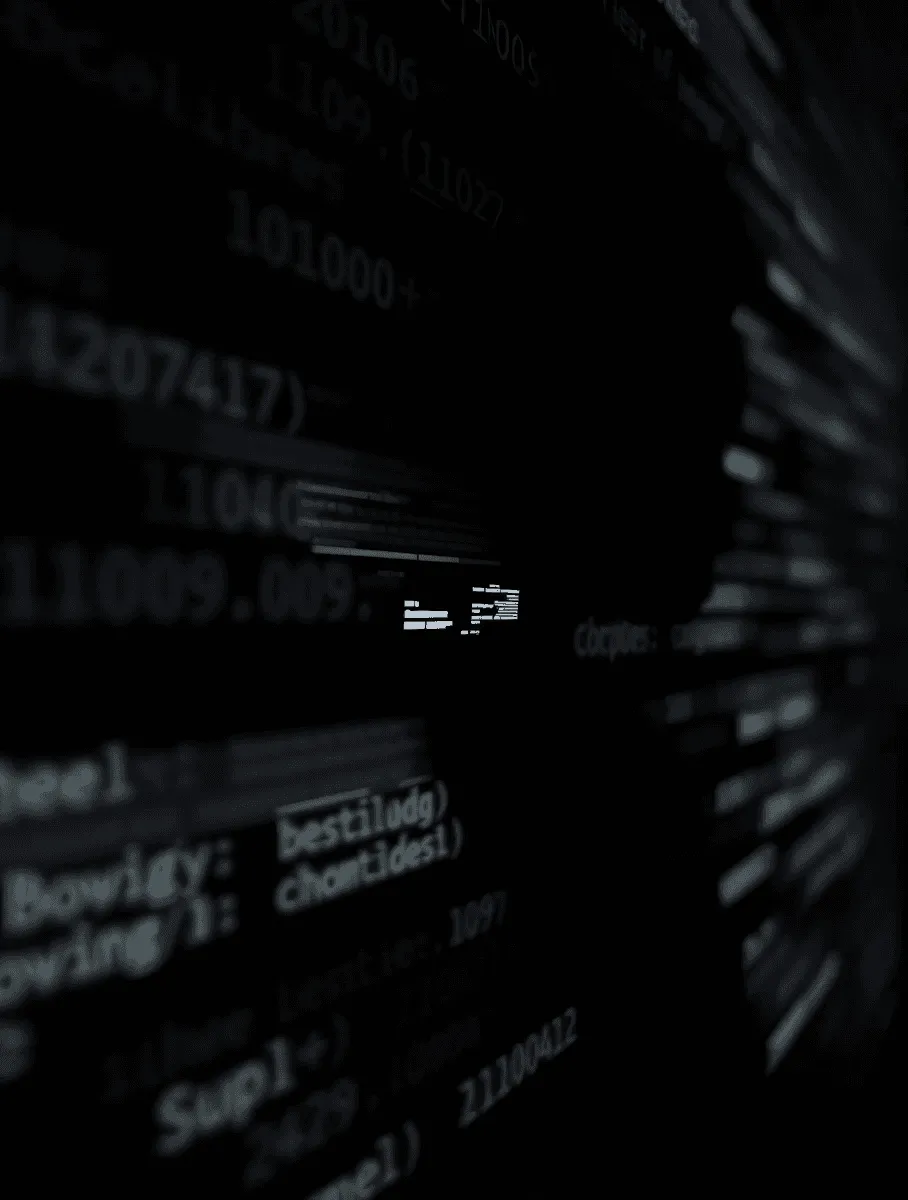 A dark, shadowy scene featuring two glowing eyes, surrounded by abstract lines and shapes, creating an eerie atmosphere.