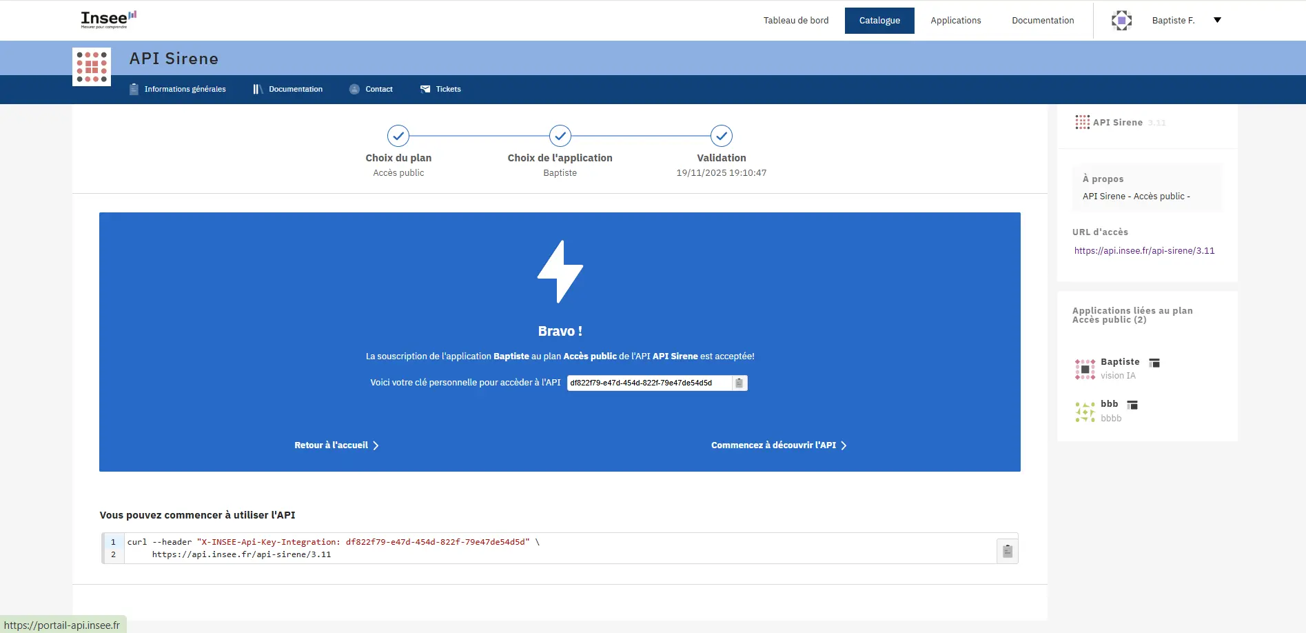 visuel accès clés API INSEE consumer key secret à copier pour workflow