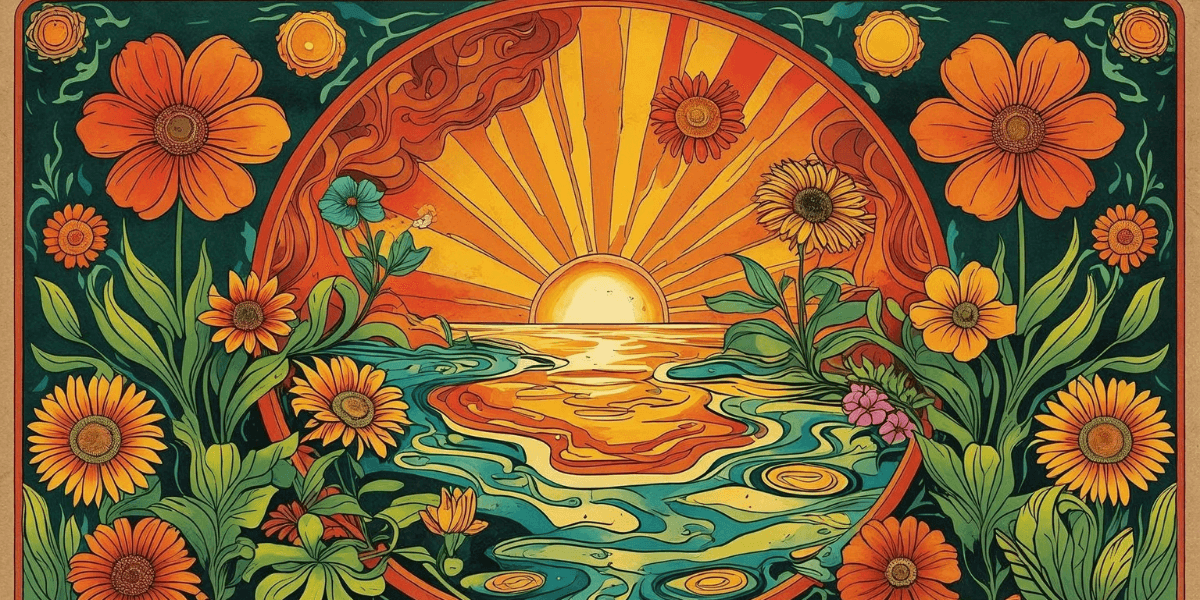 Vibrant sun and flower illustration, symbolizing holistic healing, nature, and the Earth’s connection to wellness and vitality
