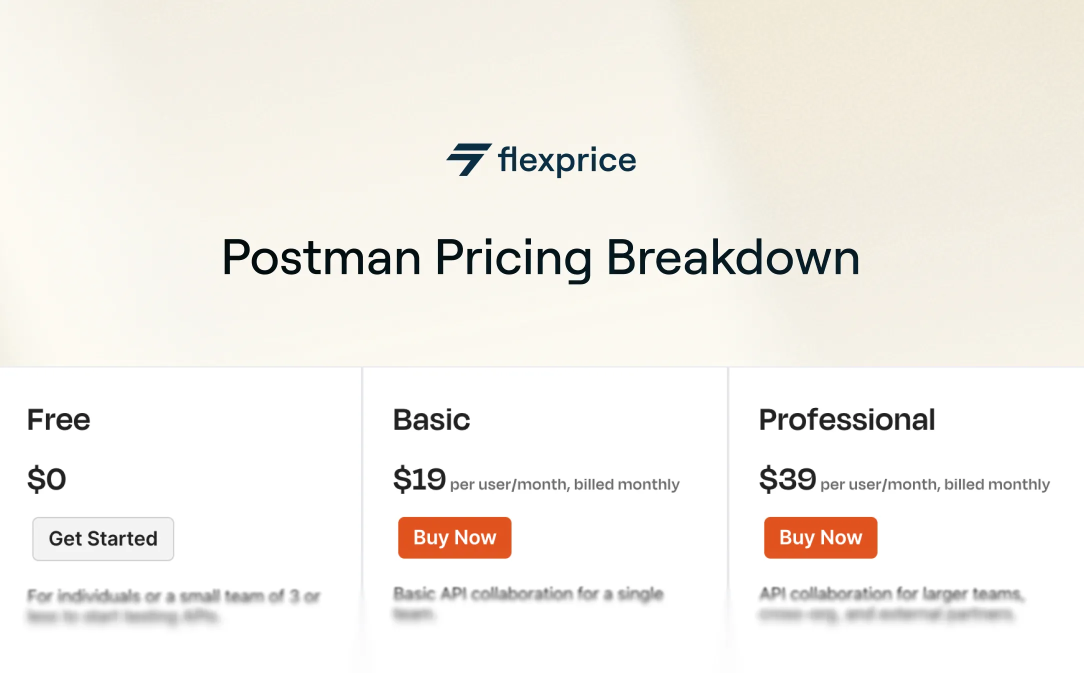Pricing breakdown for Postman, showing Free, Team, and Professional plans with corresponding descriptions and costs.