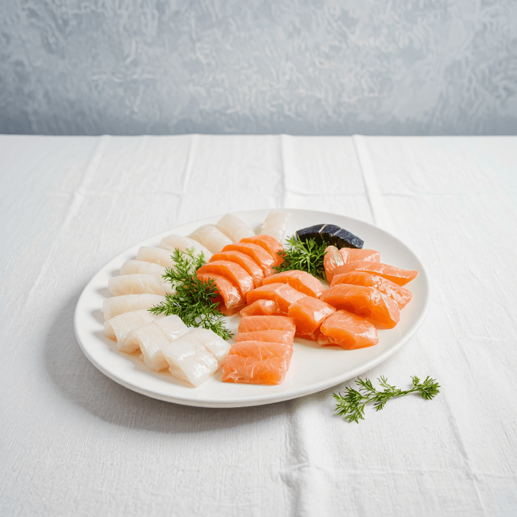product photography of a platter of assorted sliced fish
