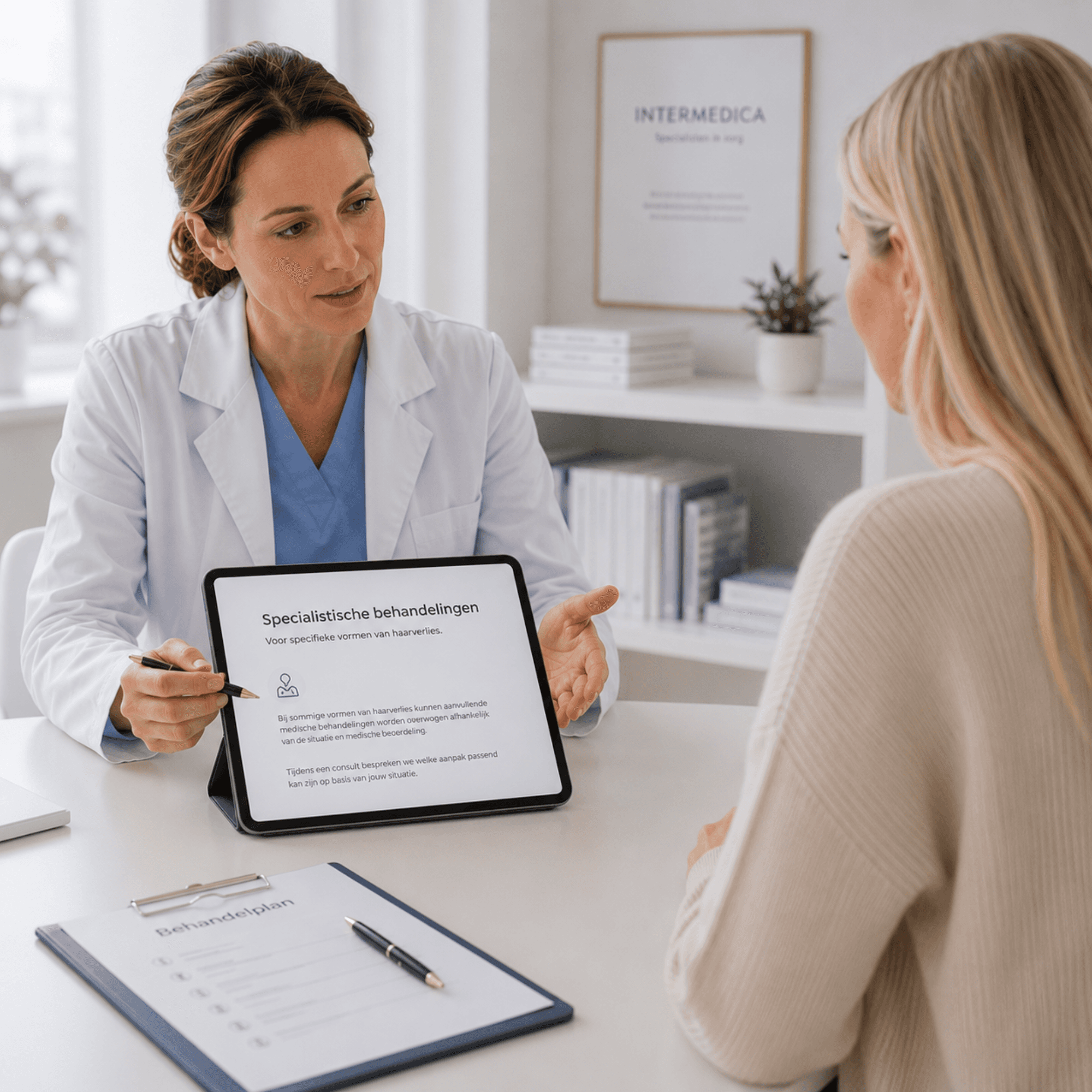 Arts van Intermedica schrijft een medisch behandeladvies uit tijdens een consult over specialistische behandelingen bij haarverlies.